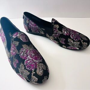 TOMS Black and Pink Floral Slip-Ons